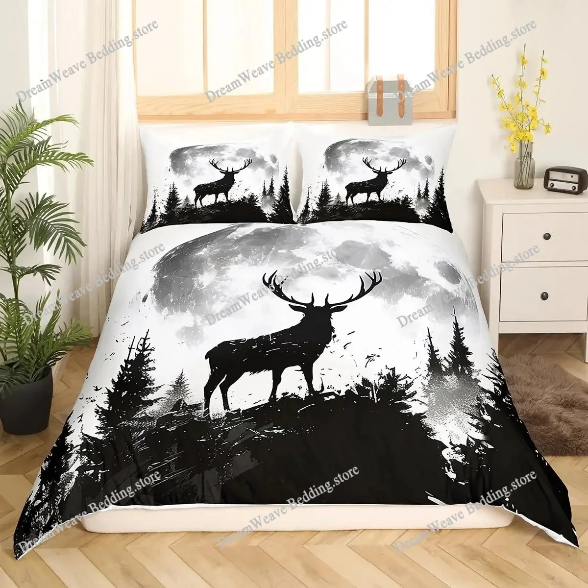 Hunting And Camping In Forest - ชุดผ้าปูที่นอนลายกวางเอลค์ ขนาดคิงควีน ลายฟาร์ม กวางในป่า ผ้าคลุมผ้านวมลายมูส ชุดเครื่องนอนลายสัตว์ป่า