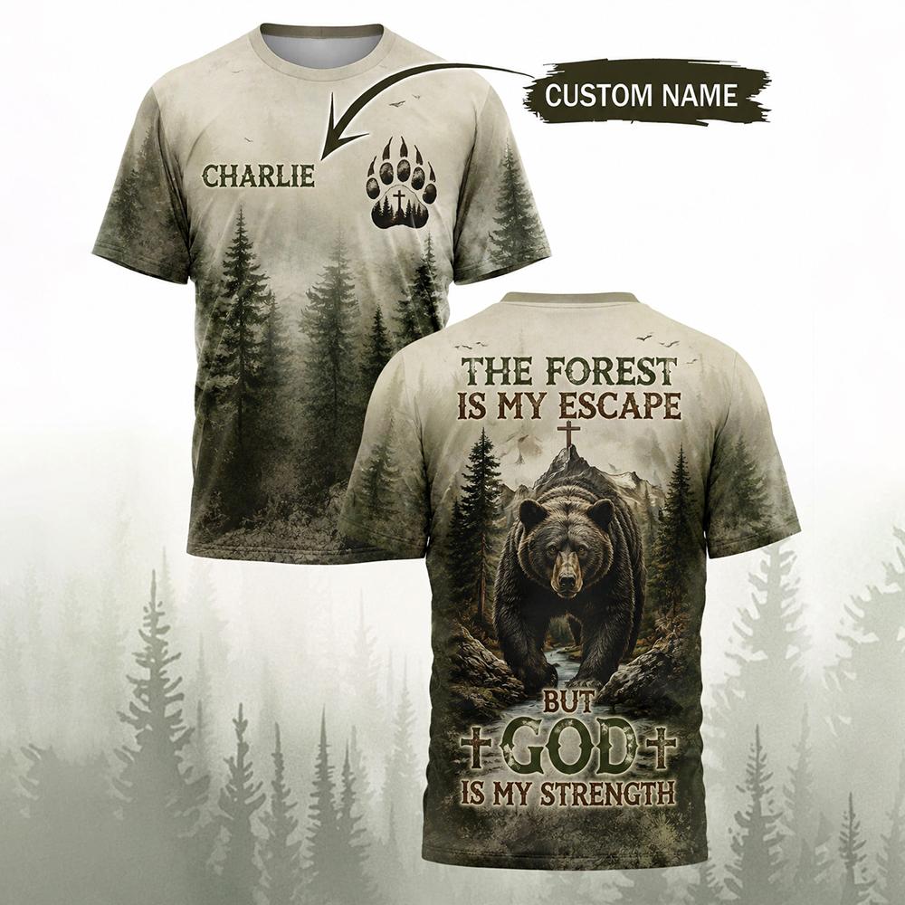 Hunting And Camping In Forest - เสื้อยืดพิมพ์ลายหมีป่าสไตล์วินเทจสำหรับผู้ชาย ปรับแต่งชื่อได้ แฟชั่นลายสัตว์ เสื้อลำลองสำหรับกิจกรรมกลางแจ้ง ล่าสัตว์ ตั้งแคมป์