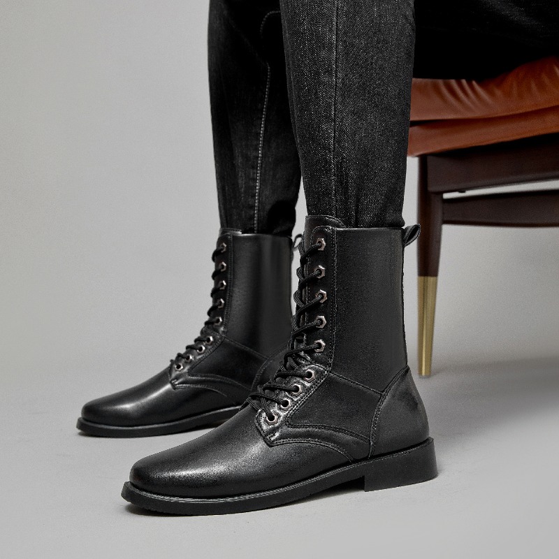 Hunting Outdoor Boots - รองเท้าบูทหนังหุ้มข้อสูง รองเท้าบูททางยุทธวิธีกลางแจ้ง รองเท้าบูทนิรภัยสำหรับผู้ชาย สีดำ กันลื่น รองเท้าเดินป่า