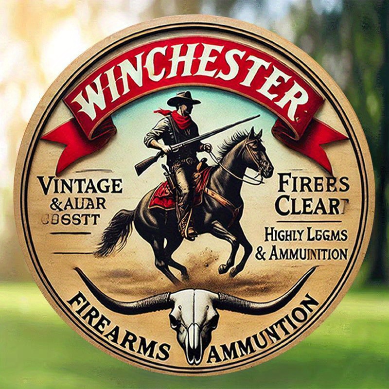Outdoor Hunting House - ป้ายโลหะทรงกลมวินเทจ Winchester สำหรับตกแต่งผนังธีมล่าสัตว์ ของขวัญสุดพิเศษสำหรับนักล่าสัตว์และผู้ที่ชื่นชอบกิจกรรมกลางแจ้ง