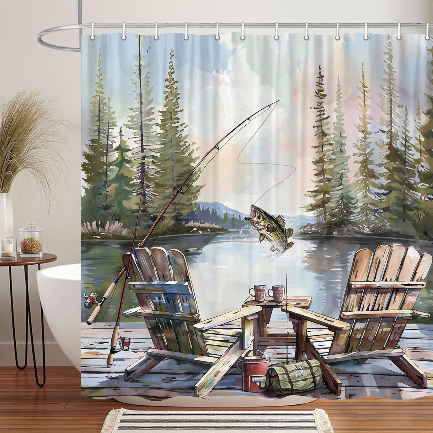 Hunting And Camping In Forest - ม่านอาบน้ำลายตกปลาแบบชนบท, ม่านอาบน้ำลายบ้านพักตากอากาศริมทะเลสาบ, ม่านอาบน้ำลายรถบ้าน/บ้านไร่/แคมป์ล่าสัตว์/ป่า/ธรรมชาติ
