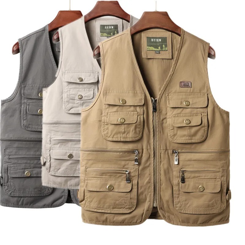 Safari Outdoor Hunting Jackets - เสื้อกั๊กผู้ชายแบบมีกระเป๋าหลายช่อง เสื้อแจ็คเก็ตแขนกุดสำหรับผู้ชาย เสื้อผ้าทำงานกลางแจ้ง ตกปลา ล่าสัตว์ สำรวจ