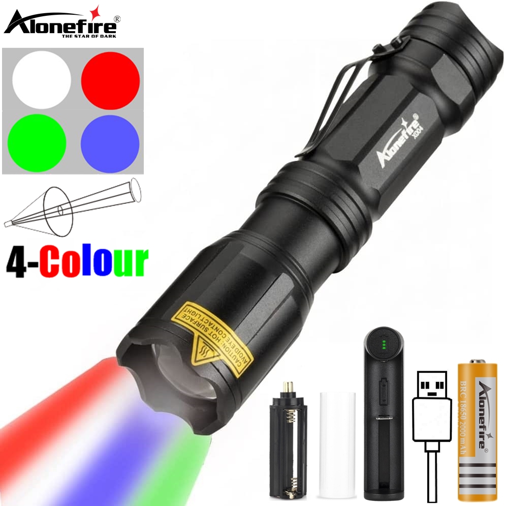 Outdoor Hunting Photography - ซูม 4 สีไฟ LED ไฟฉายสีขาว/สีแดง/สีเขียว/สีฟ้าแสงกลางแจ้งตกปลาตั้งแคมป์การล่าสัตว์การถ่ายภาพเซลฟี่ไฟฉายเดินป่า