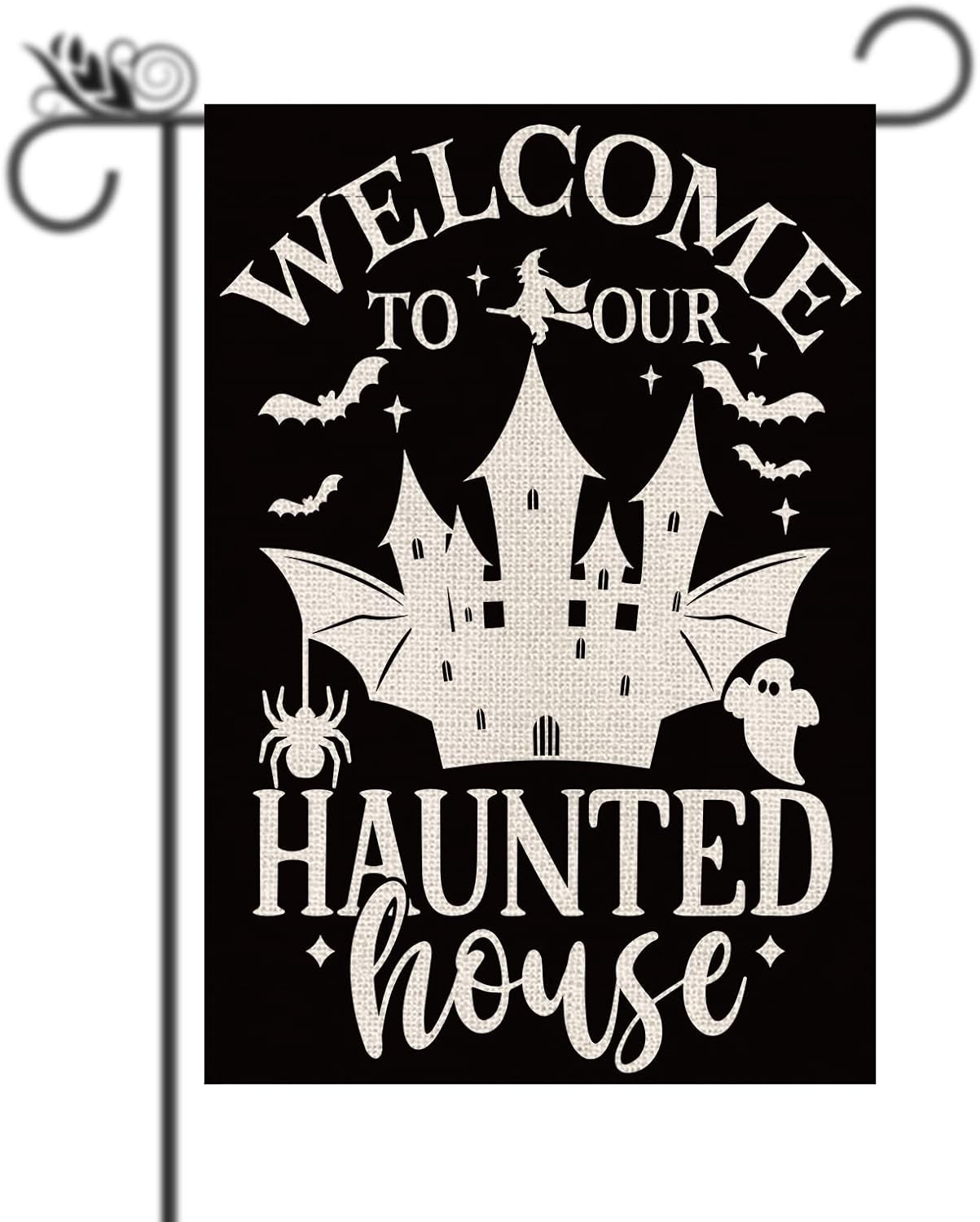 Outdoor Hunting House - ธงตกแต่งสวนฮาโลวีน ข้อความตลก ยินดีต้อนรับสู่บ้านผีสิงของเรา ธงสองด้านแนวตั้งสำหรับตกแต่งวันหยุด บ้านไร่ ลานบ้าน