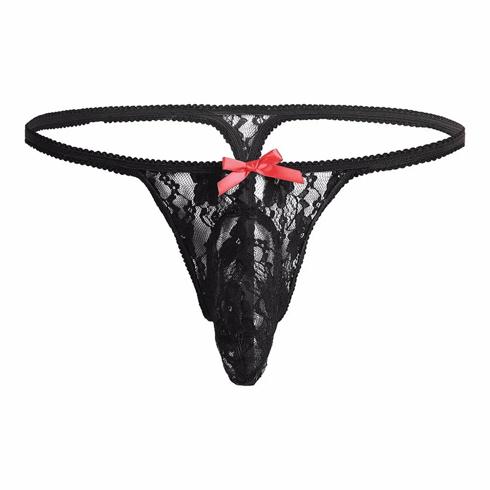 Bow Stringer Tool - Men's Thong กางเกงชั้นในเซ็กซี่ตาข่ายกางเกง Breathable ชุดชั้นในโบว์กระเป๋าใหญ่ลูกไม้ G-String