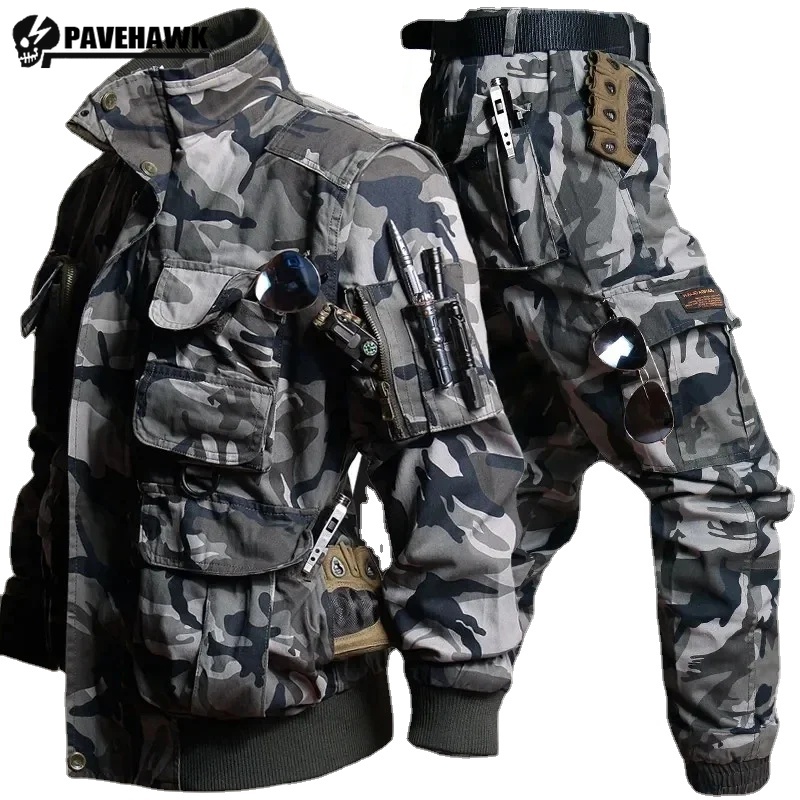 Safari Outdoor Hunting Jackets - Mens Camouflage ชุดหลายกระเป๋าเสื้อแจ็คเก็ตยุทธวิธี + การล่าสัตว์กางเกง 2-pcs