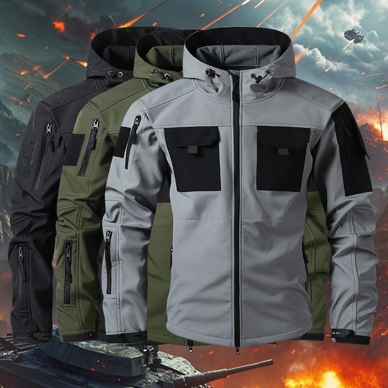 Safari Outdoor Hunting Jackets - เสื้อแจ็คเก็ตผู้ชายแบบซอฟต์เชลล์กันน้ำกันลมสำหรับกิจกรรมกลางแจ้ง เสื้อแจ็คเก็ตทหารต่อสู้บุขนแกะมีฮู้ดสำหรับผู้ชาย เหมาะสำหรับการเดินป่าและล่าสัตว์