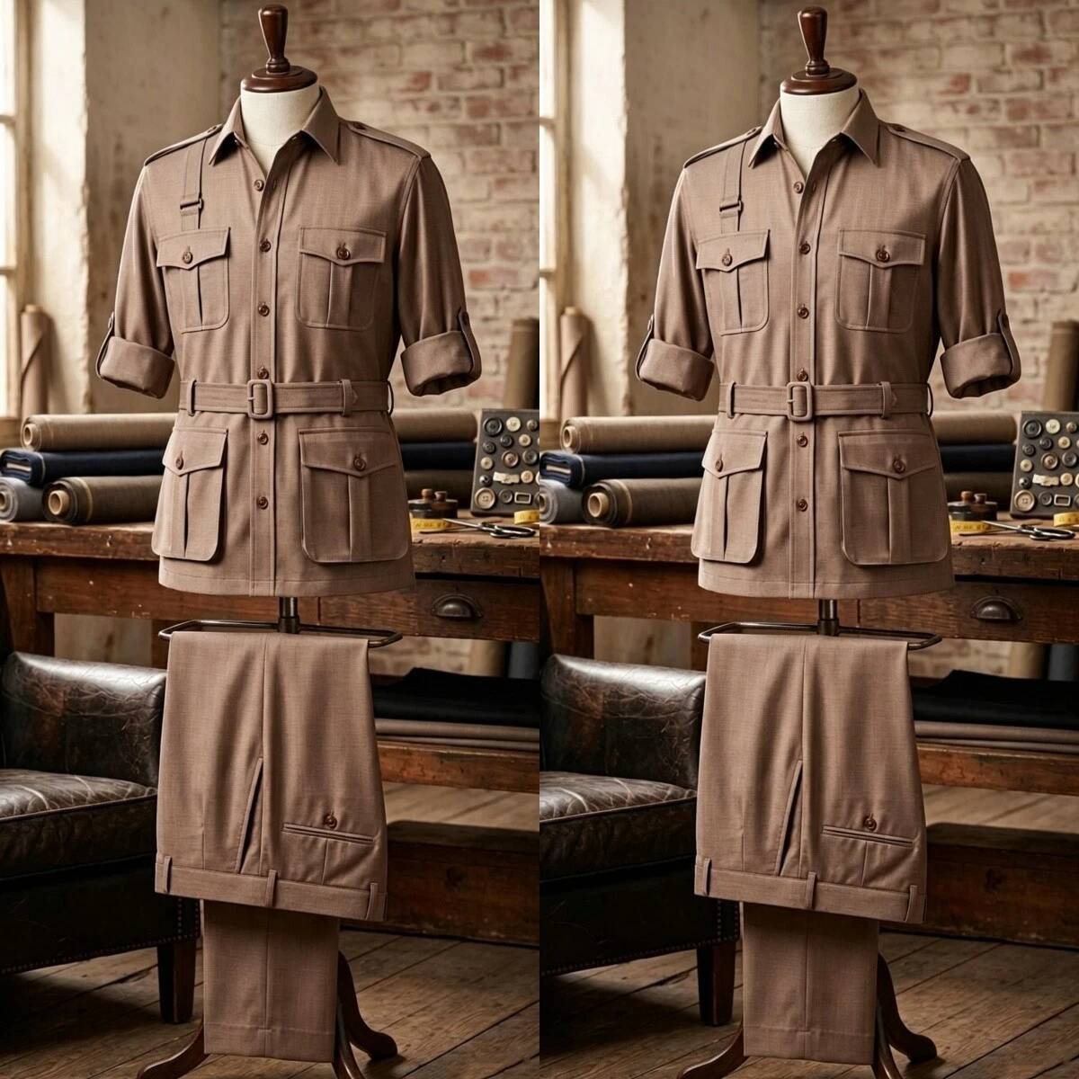 Safari Outdoor Hunting Jackets - ชุดซาฟารีผู้ชายสีกากี 2 ชิ้น เสื้อแจ็คเก็ตวินเทจสำหรับล่าสัตว์พร้อมเข็มขัด เสื้อโค้ท กางเกงคาร์โก้สำหรับกิจกรรมกลางแจ้ง