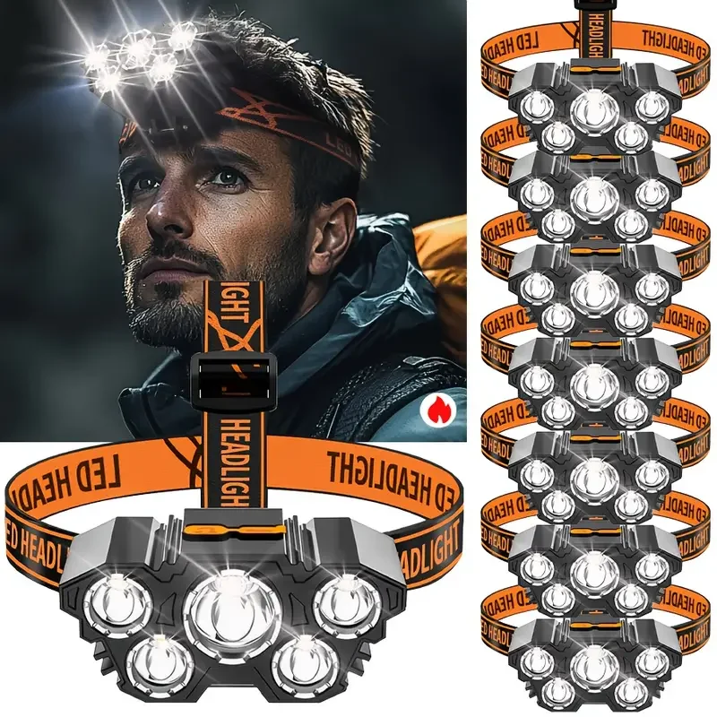 Hunting Fishing Outdoor - ไฟหน้าแบบพกพา 5LED สำหรับใช้งานกลางแจ้ง พร้อมแบตเตอรี่ในตัว ชาร์จซ้ำได้ ใช้เป็นไฟทำงาน