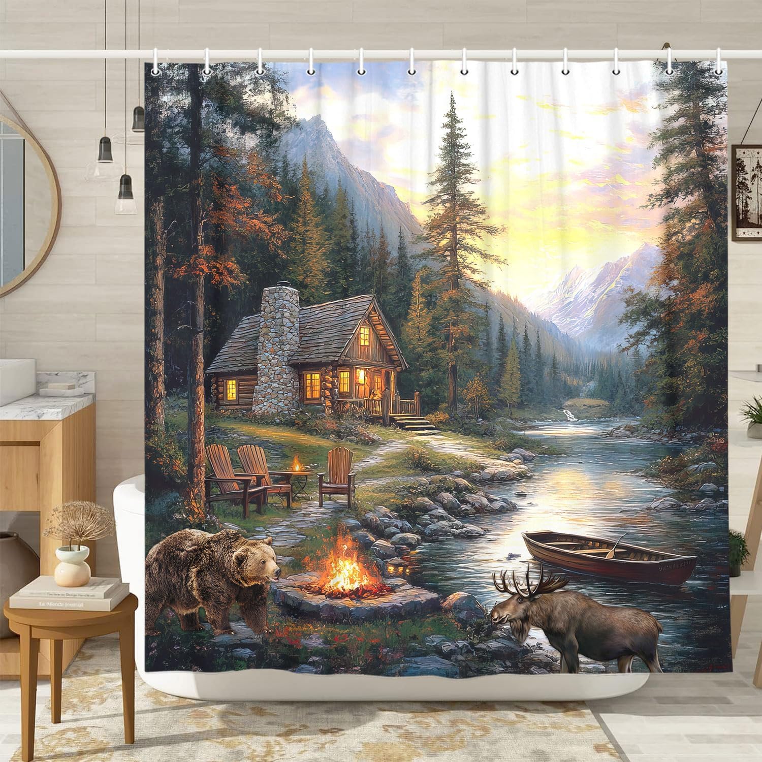 ม่านอาบน้ำลายกระท่อมชนบทพร้อมล - Hunting And Camping In Forest บทวิจารณ์และราคา