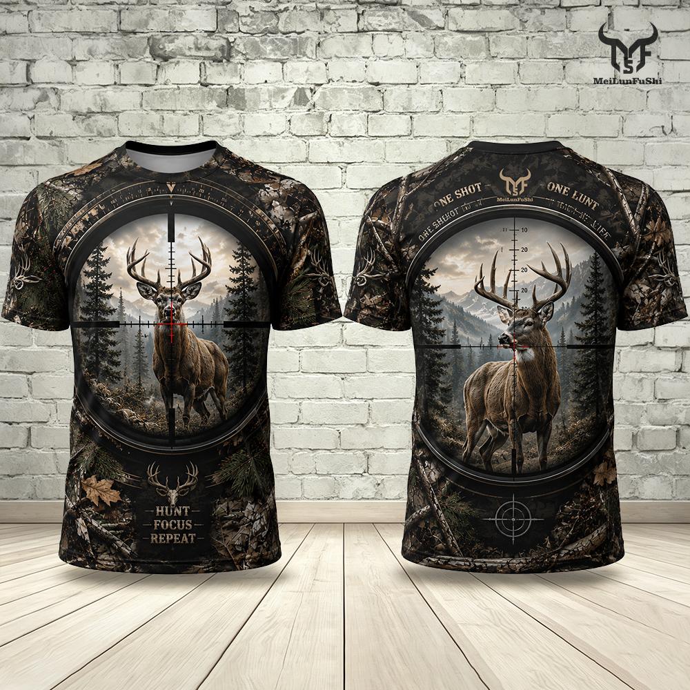 เสื้อยืดผู้ชายลายพิมพ์ 3D กวาง - Hunting And Camping In Forest บทวิจารณ์และราคา